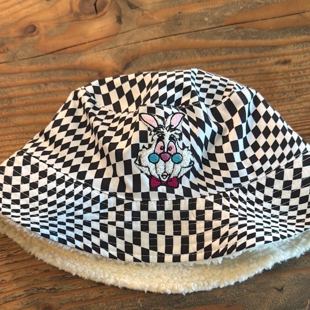 Disney Black and White Checkered Bucket Hat White Rabbit Alice in Wonderland
